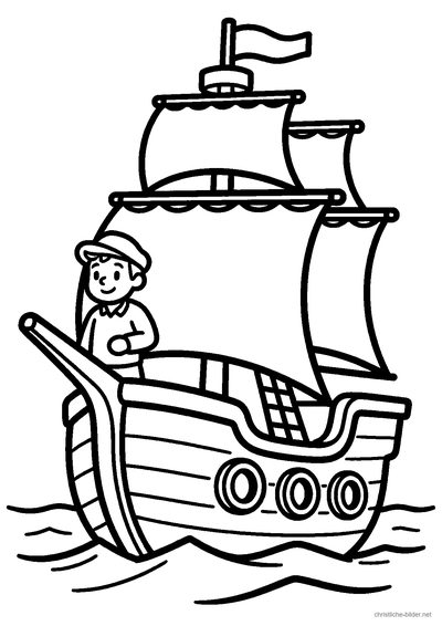 Christliches Ausmalbild: Paulus steht auf einem Segelschiff in hohen Wellen