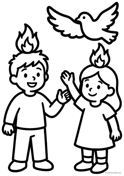 Christliches Ausmalbild: die Jünger in einem Haus, über ihren Köpfen kleine Flammen