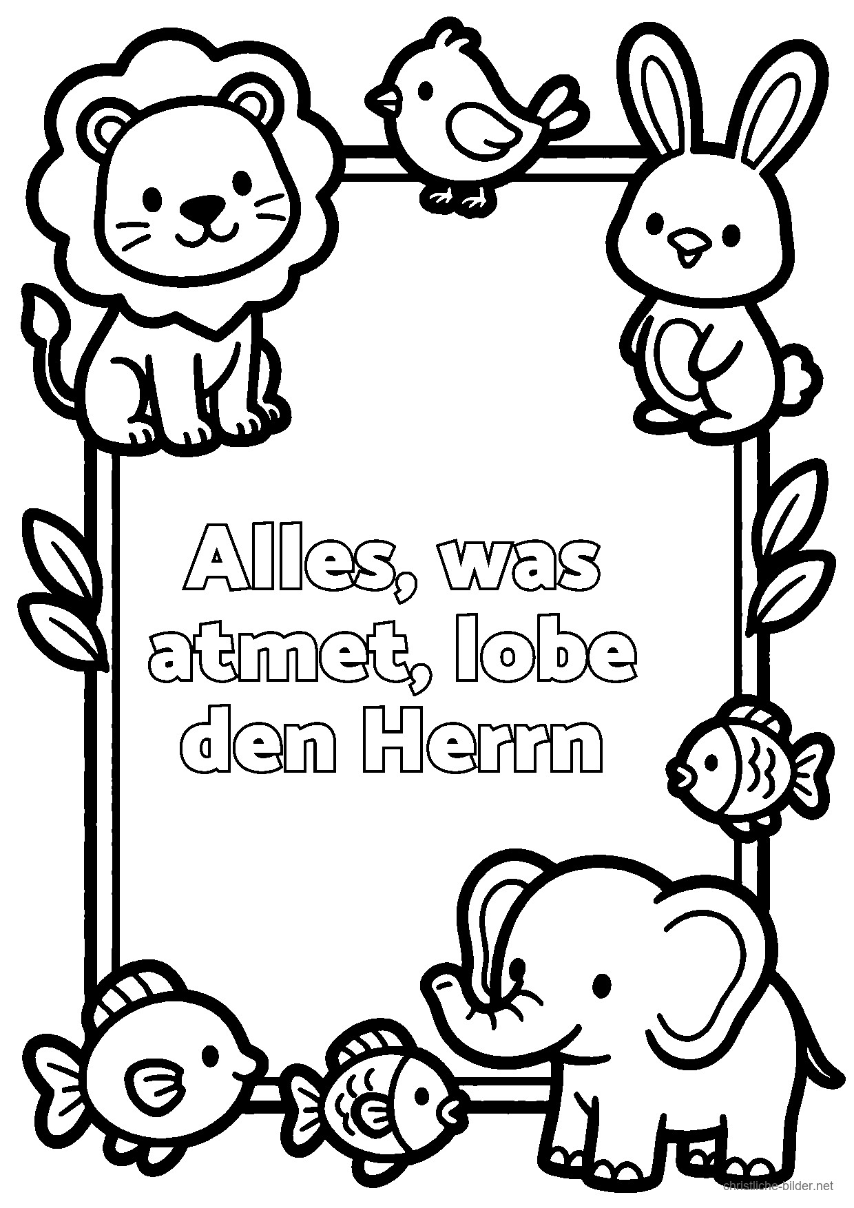 Christliches Ausmalbild: Rahmen aus Tieren mit der Schrift „Alles, was atmet, lobe den Herrn“