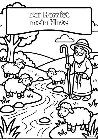 Christliches Ausmalbild: Hirte mit Schafen an einem ruhigen Bach mit der Schrift „Der Herr ist mein Hirte“
