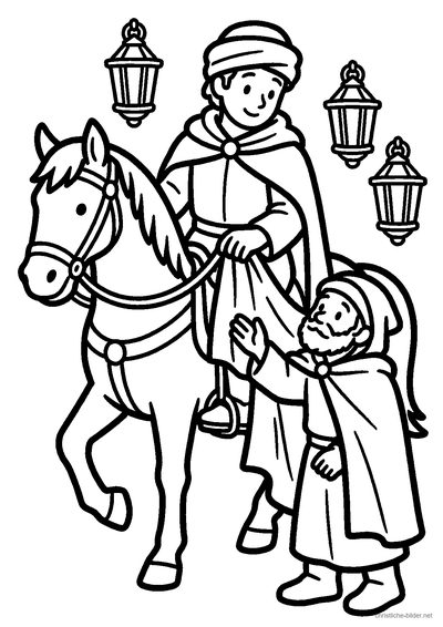 Christliches Ausmalbild: Martin auf dem Pferd teilt mit dem Schwert seinen Mantel für einen frierenden Bettler