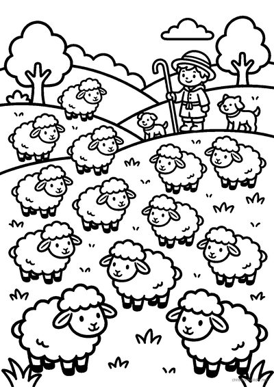 Christliches Ausmalbild: mehrere Schäfchen auf einer Weide mit Zaun und Blumen