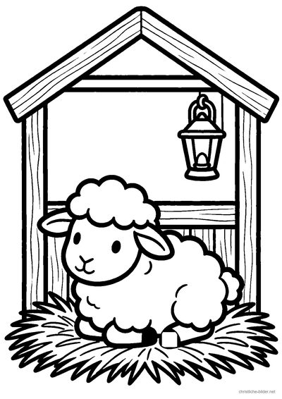 Christliches Ausmalbild: Ein kleines Schaf liegt im Stroh eines Stalls