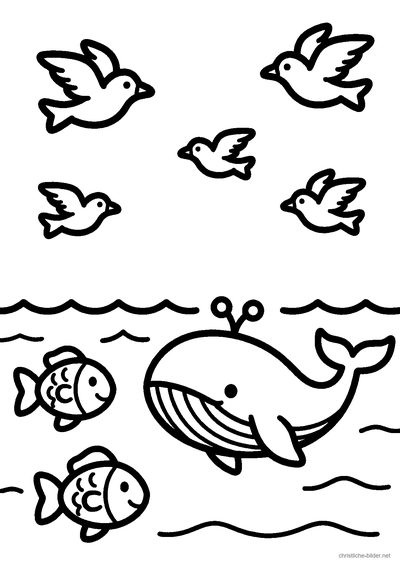 Christliches Ausmalbild: Fische im Meer und Vögel am Himmel – der fünfte Schöpfungstag