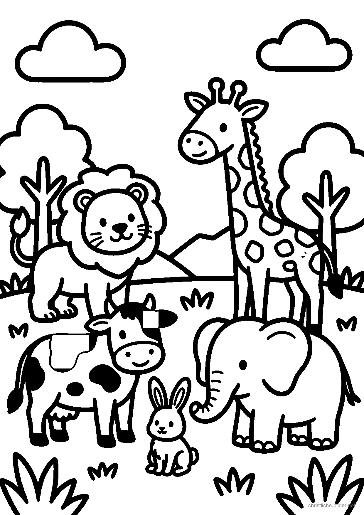Christliches Ausmalbild: viele Landtiere wie Löwe, Elefant, Kuh und Hase – der sechste Schöpfungstag