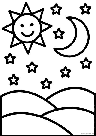 Christliches Ausmalbild: Sonne, Mond und viele Sterne am Himmel – der vierte Schöpfungstag