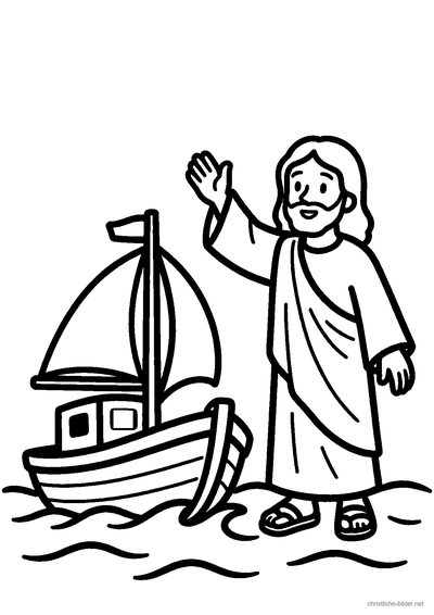 Christliches Ausmalbild: Jesus steht im Boot auf dem stürmischen See und gebietet dem Wind