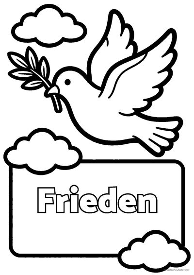 Christliches Ausmalbild: fliegende Taube mit einem Ölzweig im Schnabel und dem Wort „Frieden“