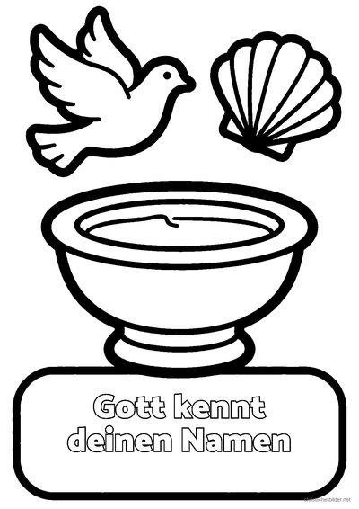 Christliches Ausmalbild: Taufschale mit Wasser, Taufkerze und Taube mit der Schrift „Gott kennt deinen Namen“