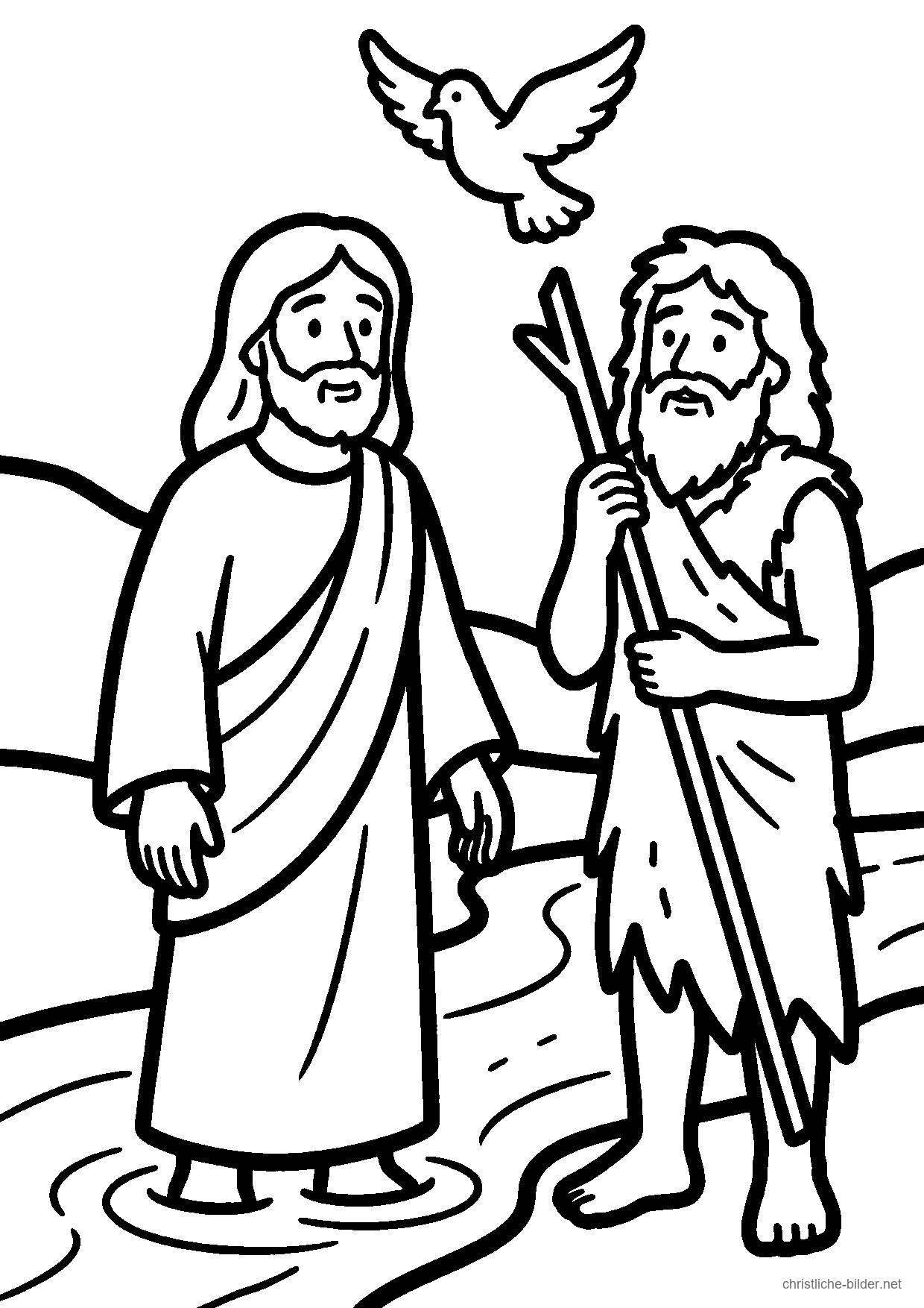 Christliches Ausmalbild: Johannes der Täufer tauft Jesus im Fluss Jordan, darüber eine Taube