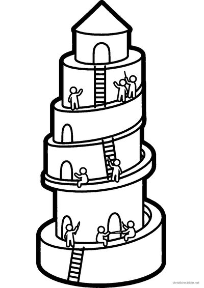 Christliches Ausmalbild: Menschen bauen mit Ziegeln an einem hohen Turm