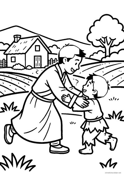 Christliches Ausmalbild: ein Vater umarmt seinen zurückgekehrten Sohn vor dem Haus