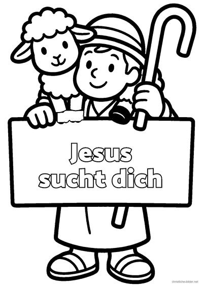 Christliches Ausmalbild: Hirte trägt ein Schaf auf den Schultern, mit der Schrift „Jesus sucht dich“