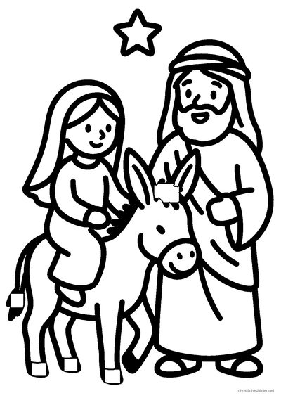 Christliches Ausmalbild: Maria und Josef wandern auf die kleine Stadt Bethlehem zu