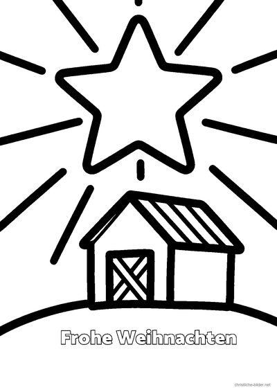 Christliches Ausmalbild: großer Stern mit Strahlen und der Schrift „Frohe Weihnachten“