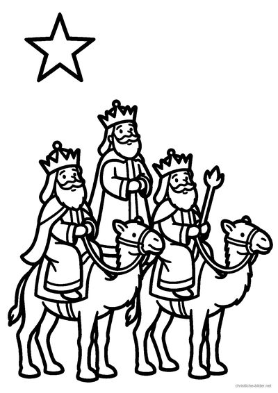 Christliches Ausmalbild: Weise aus dem Morgenland mit Geschenken folgen einem hellen Stern