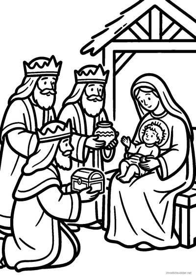 Christliches Ausmalbild: Weise aus dem Morgenland knien in einem Haus vor Maria und dem Kind Jesus und bringen Geschenke