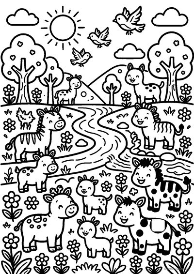 Christliches Ausmalbild: Wimmelbild mit Wald, Meer, Himmel, vielen Tieren und Pflanzen