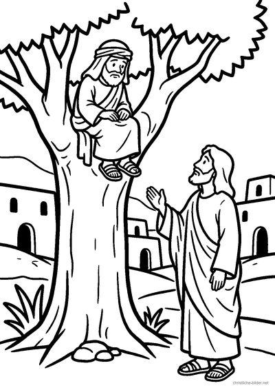 Christliches Ausmalbild: Zachäus sitzt auf einem Baum, unten blickt Jesus zu ihm hinauf