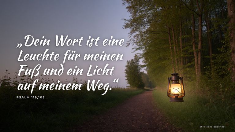 Desktop-Hintergrund mit Bibelvers Psalm 119,105: „Dein Wort ist eine Leuchte für meinen Fuß und ein Licht auf meinem Weg.“ – Laterne auf einem Waldweg in der Dämmerung