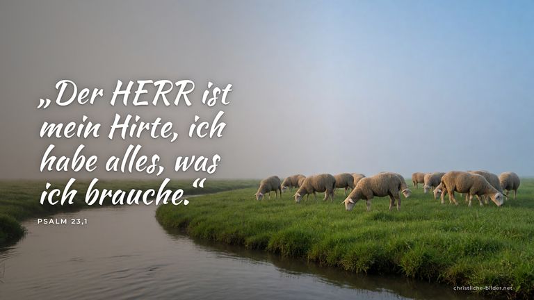 Desktop-Hintergrund mit Bibelvers Psalm 23,1: „Der HERR ist mein Hirte, ich habe alles, was ich brauche.“ – Schafherde auf grüner Weide am stillen Wasser