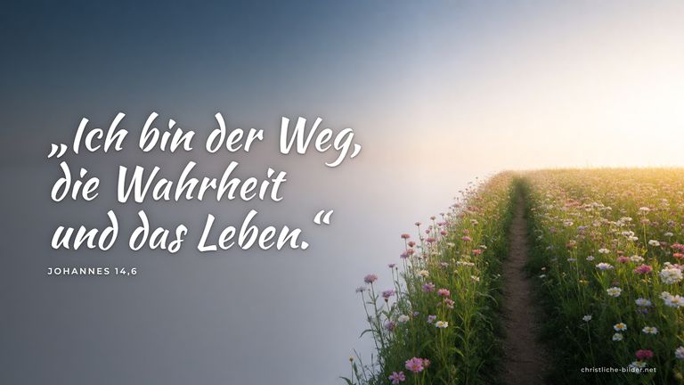 Desktop-Hintergrund mit Bibelvers Johannes 14,6: „Ich bin der Weg, die Wahrheit und das Leben.“ – Pfad durch eine Blumenwiese ins Licht