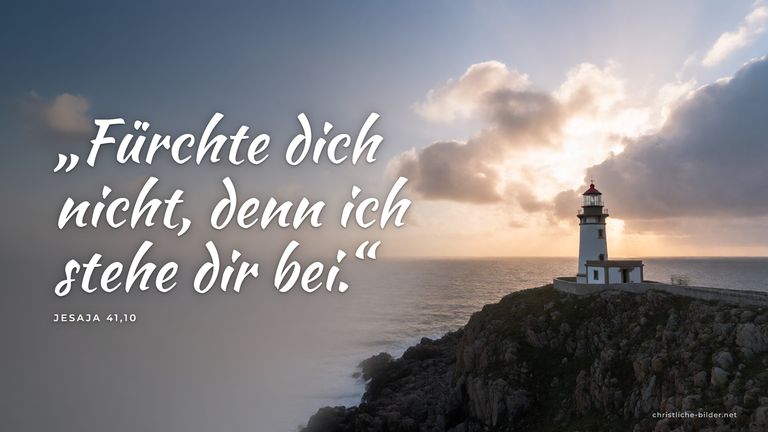 Desktop-Hintergrund mit Bibelvers Jesaja 41,10: „Fürchte dich nicht, denn ich stehe dir bei.“ – Leuchtturm im Abendlicht nach dem Sturm