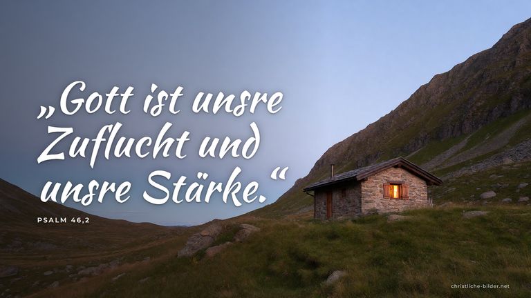 Desktop-Hintergrund mit Bibelvers Psalm 46,2: „Gott ist unsre Zuflucht und unsre Stärke.“ – Steinhütte mit Licht in den Bergen
