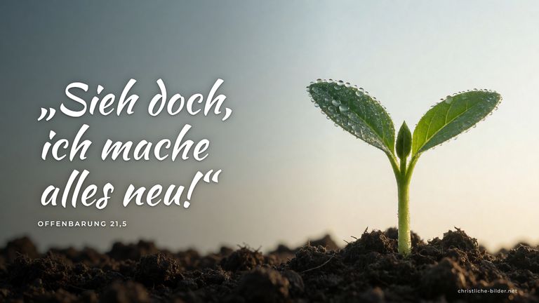 Desktop-Hintergrund mit Bibelvers Offenbarung 21,5: „Sieh doch, ich mache alles neu!“ – Junger Keimling in der Morgensonne