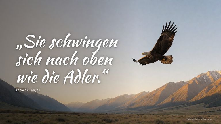 Desktop-Hintergrund mit Bibelvers Jesaja 40,31: „Sie schwingen sich nach oben wie die Adler.“ – Adler über einem Bergtal
