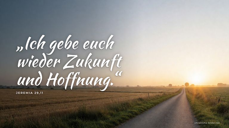 Desktop-Hintergrund mit Bibelvers Jeremia 29,11: „Ich gebe euch wieder Zukunft und Hoffnung.“ – Weg durch Felder in den Sonnenaufgang