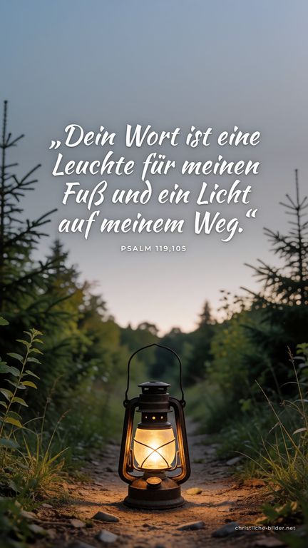 Handy-Hintergrund mit Bibelvers Psalm 119,105: „Dein Wort ist eine Leuchte für meinen Fuß und ein Licht auf meinem Weg.“ – Laterne auf einem Waldweg in der Dämmerung