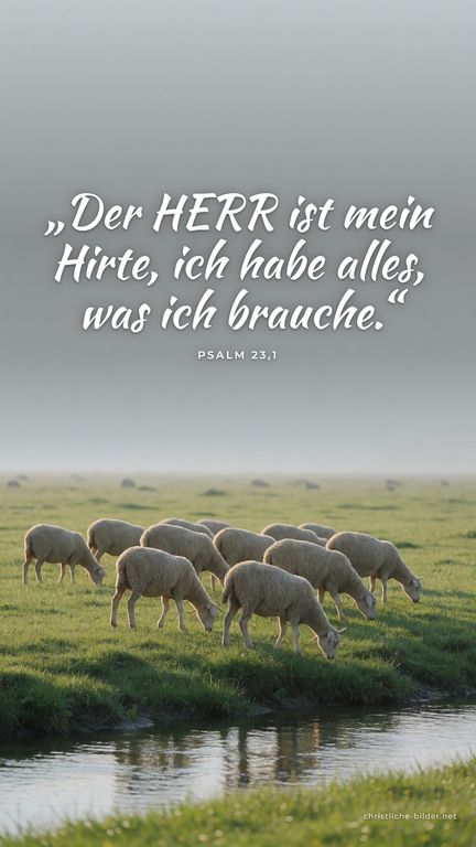 Handy-Hintergrund mit Bibelvers Psalm 23,1: „Der HERR ist mein Hirte, ich habe alles, was ich brauche.“ – Schafherde auf grüner Weide am stillen Wasser