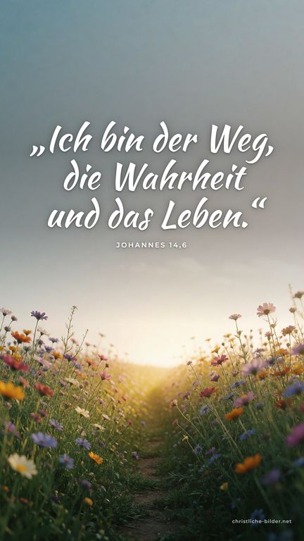 Handy-Hintergrund mit Bibelvers Johannes 14,6: „Ich bin der Weg, die Wahrheit und das Leben.“ – Pfad durch eine Blumenwiese ins Licht