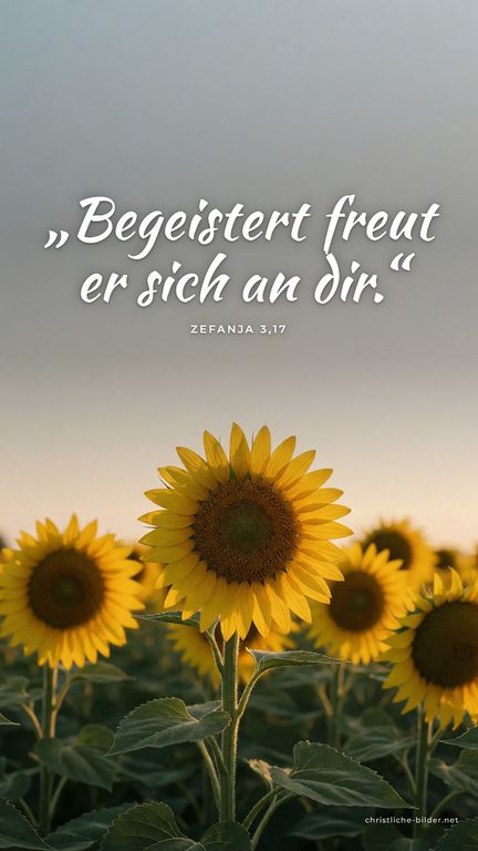 Handy-Hintergrund mit Bibelvers Zefanja 3,17: „Begeistert freut er sich an dir.“ – Sonnenblumenfeld im Sommerlicht