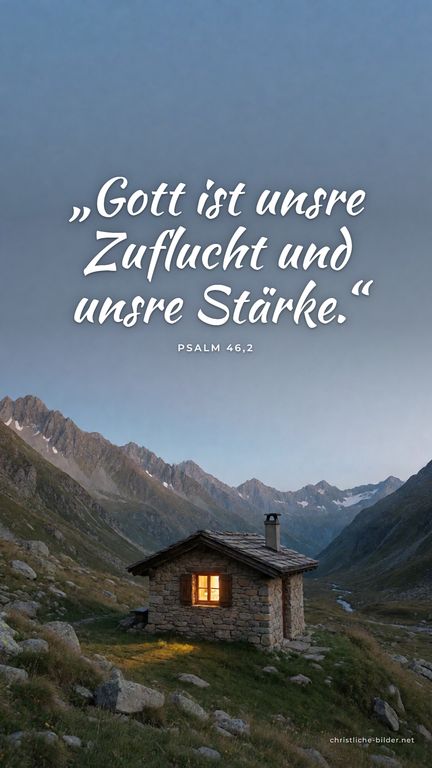 Handy-Hintergrund mit Bibelvers Psalm 46,2: „Gott ist unsre Zuflucht und unsre Stärke.“ – Steinhütte mit Licht in den Bergen