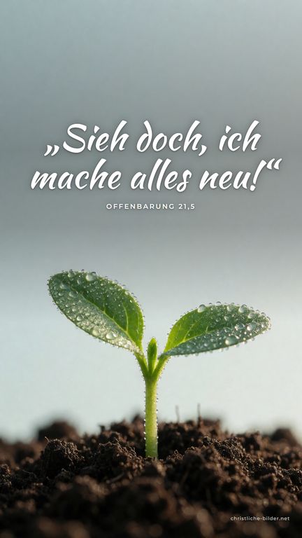 Handy-Hintergrund mit Bibelvers Offenbarung 21,5: „Sieh doch, ich mache alles neu!“ – Junger Keimling in der Morgensonne