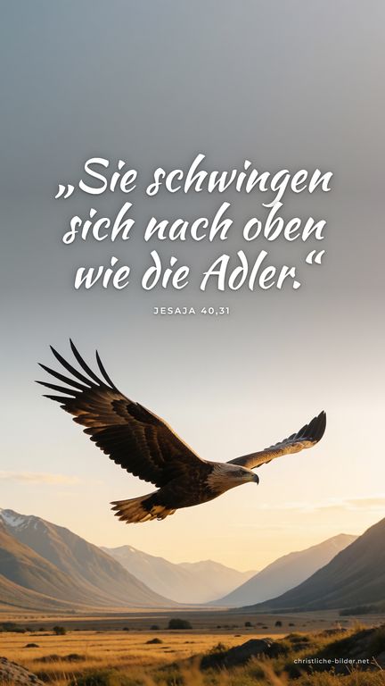 Handy-Hintergrund mit Bibelvers Jesaja 40,31: „Sie schwingen sich nach oben wie die Adler.“ – Adler über einem Bergtal