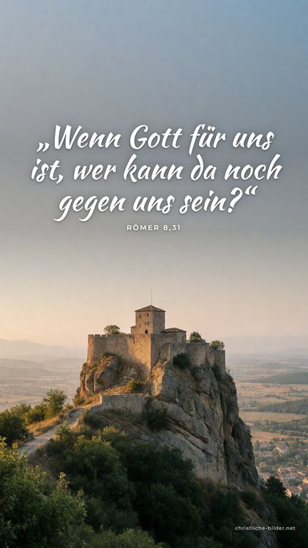 Handy-Hintergrund mit Bibelvers Römer 8,31: „Wenn Gott für uns ist, wer kann da noch gegen uns sein?“ – Burg auf einem Felsen bei Sonnenaufgang