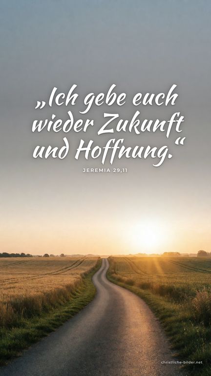 Handy-Hintergrund mit Bibelvers Jeremia 29,11: „Ich gebe euch wieder Zukunft und Hoffnung.“ – Weg durch Felder in den Sonnenaufgang