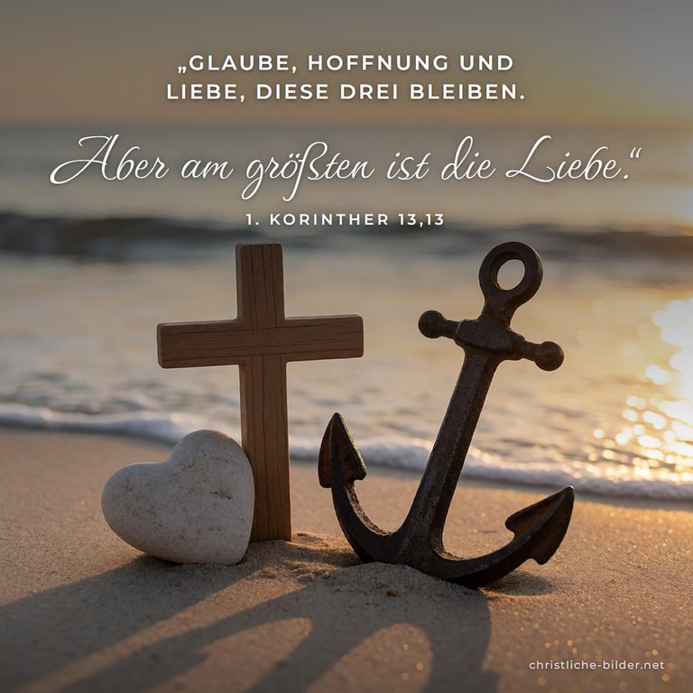 Bibelvers 1. Korinther 13,13: Am größten ist die Liebe – Kreuz, Anker und Herzstein am Strand