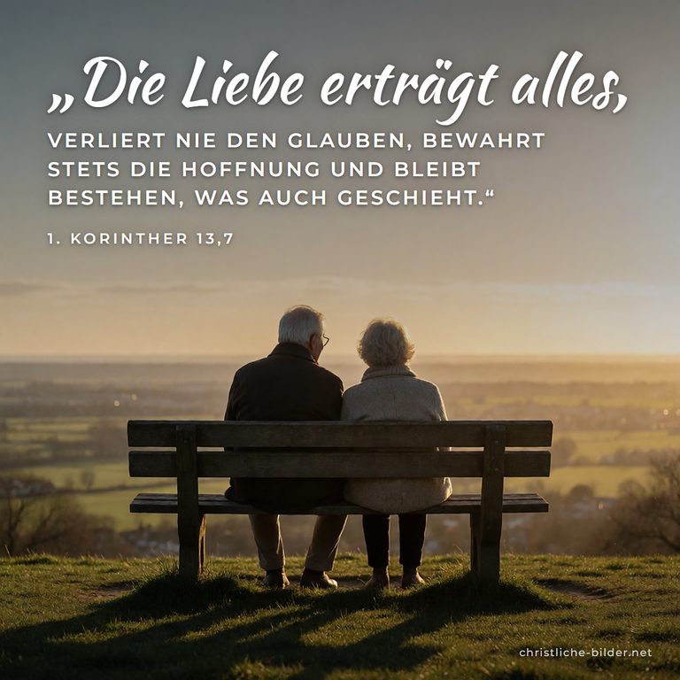 Bibelvers 1. Korinther 13,7: Die Liebe erträgt alles – Älteres Paar auf Bank im Abendlicht