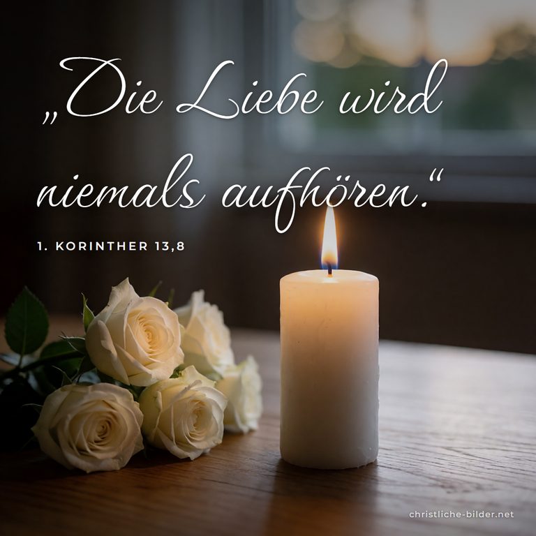 Bibelvers 1. Korinther 13,8: Die Liebe wird niemals aufhören – Kerze und weiße Rosen
