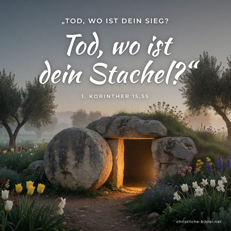 Bibelvers 1. Korinther 15,55: Tod, wo ist dein Stachel? – Leeres Felsengrab im Morgenlicht