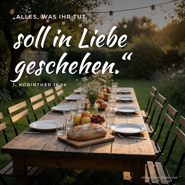 Bibelvers 1. Korinther 16,14: Alles, was ihr tut, soll in Liebe geschehen – Gedeckter Tisch im Garten
