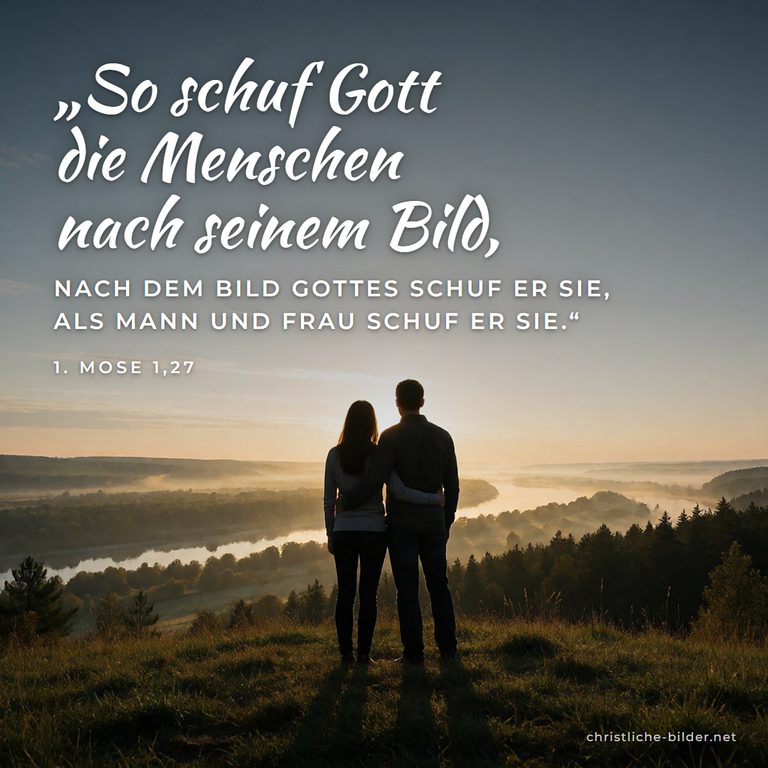 Bibelvers 1. Mose 1,27: So schuf Gott die Menschen nach seinem Bild – Paar auf dem Hügel bei Sonnenaufgang