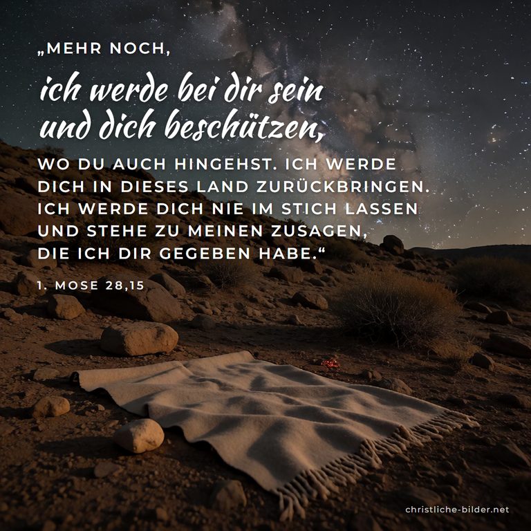 Bibelvers 1. Mose 28,15: Ich werde bei dir sein und dich beschützen – Sternenhimmel über steinigem Lagerplatz