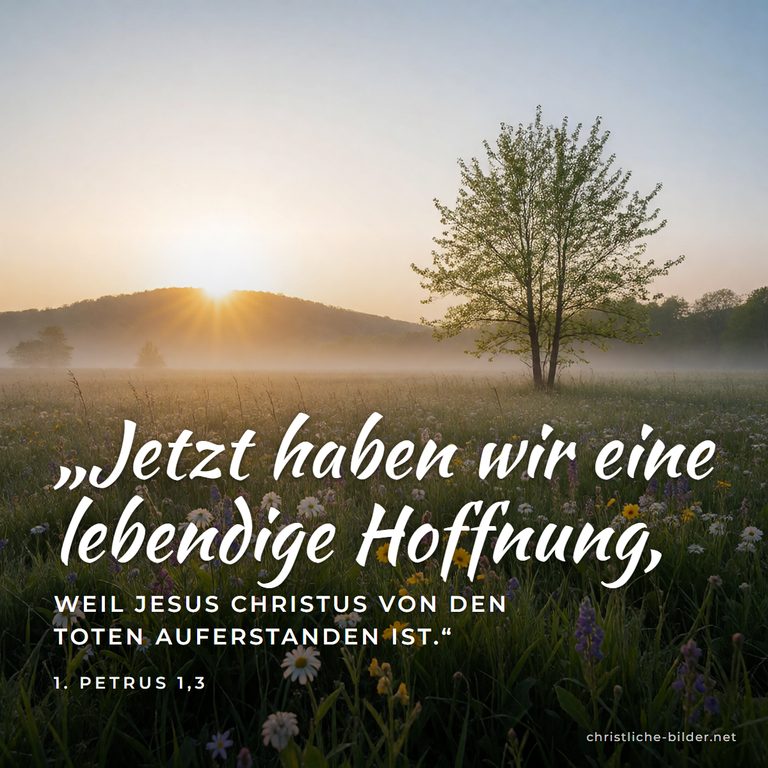 Bibelvers 1. Petrus 1,3: Jetzt haben wir eine lebendige Hoffnung – Frühlingswiese bei Sonnenaufgang