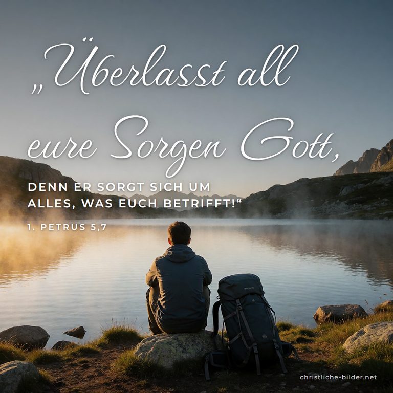 Bibelvers 1. Petrus 5,7: Überlasst all eure Sorgen Gott – Wanderer mit abgelegtem Rucksack am See