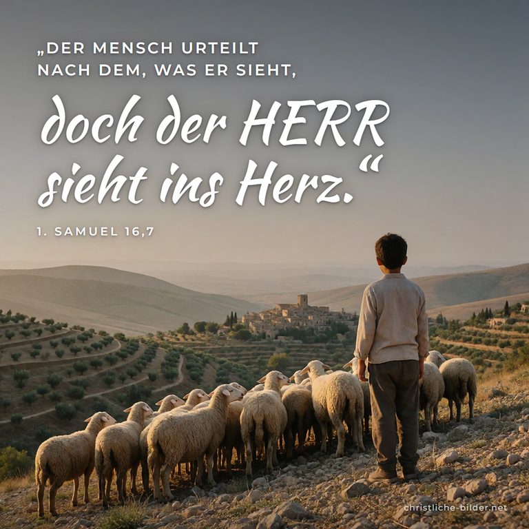 Bibelvers 1. Samuel 16,7: Der HERR sieht ins Herz – Junger Hirte mit Schafherde